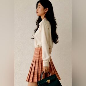 ZARA🐞Tweed Preepy Plaid Orange Cream Pleated Mini High Waisted Skirt Sz:S